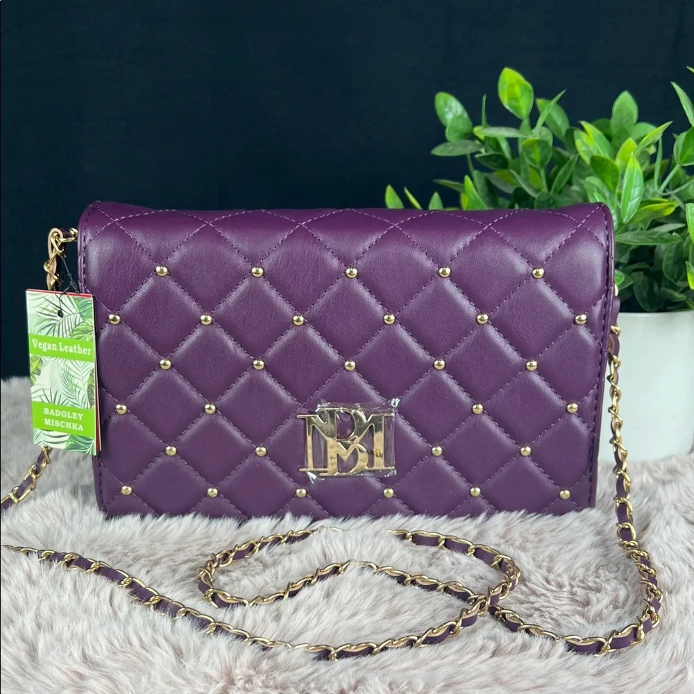 NWT Badgley Mischka Plum Quilted Vegan Leather Crossbody Bag w Chain Strap